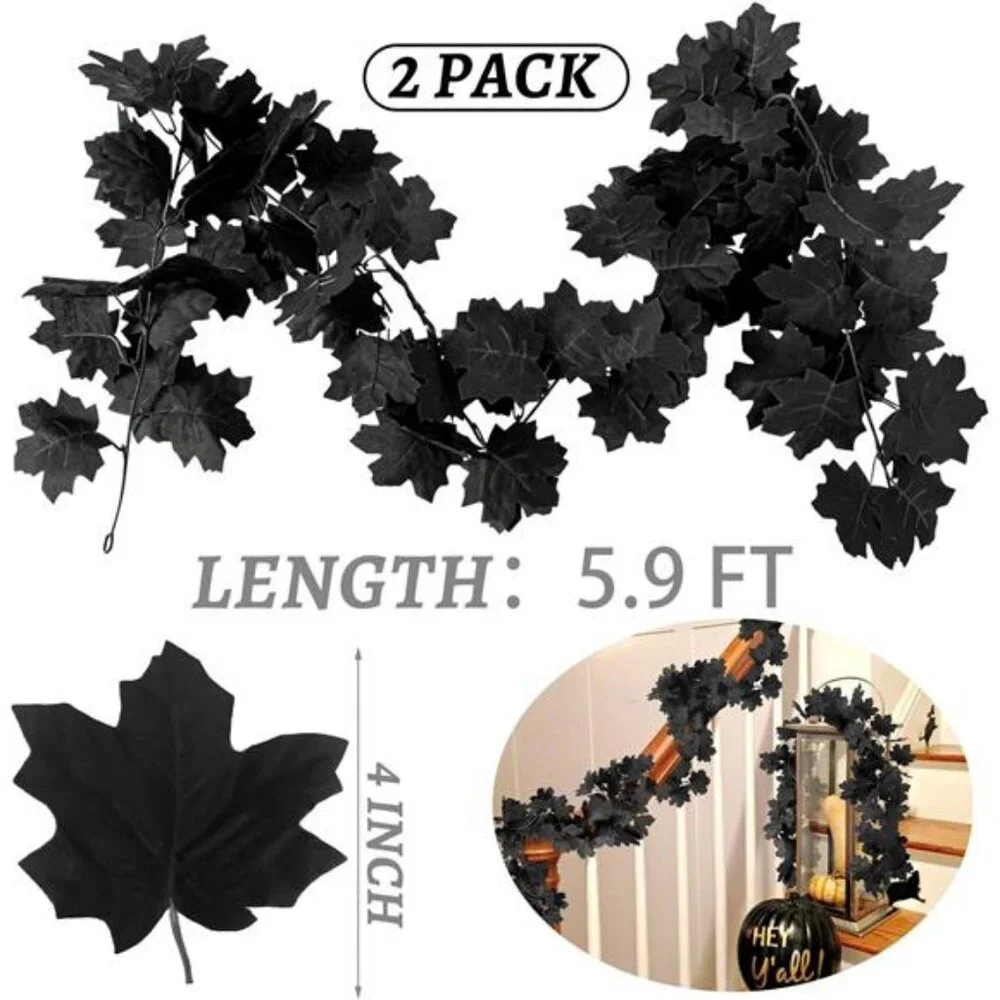 Black Maple Leaf Garland, 2PCS Halloween Artificial Hanging Fall Leave Vines